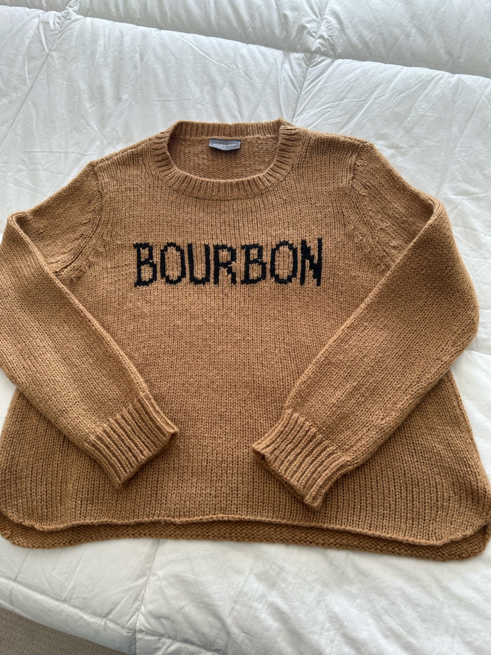Wooden Ships Camel Crewneck Sweater with Black BOURBON Text size S/M - Picture 3 of 16